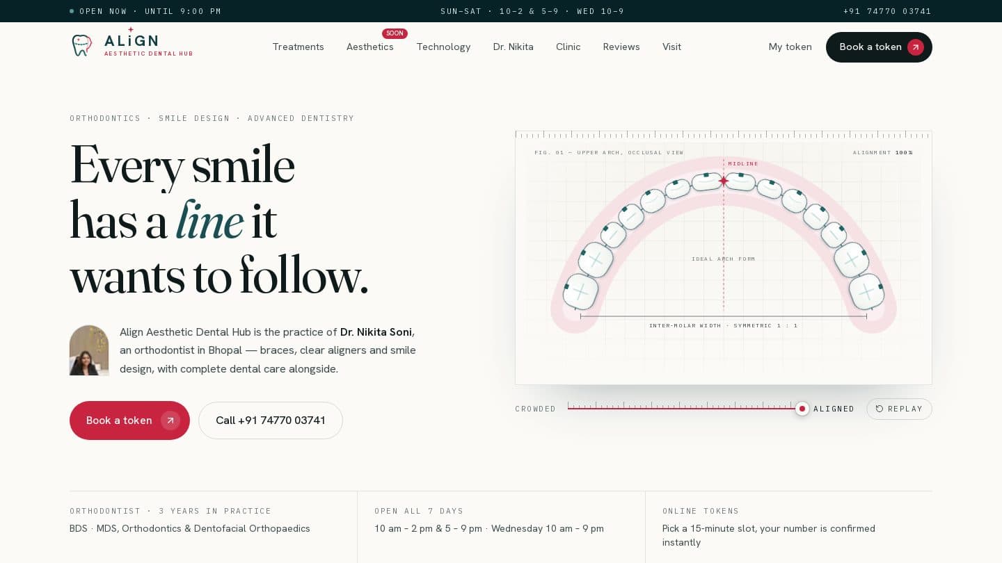 Align Aesthetic Dental Hub — An orthodontist's site with online tokens and a live clinic queue